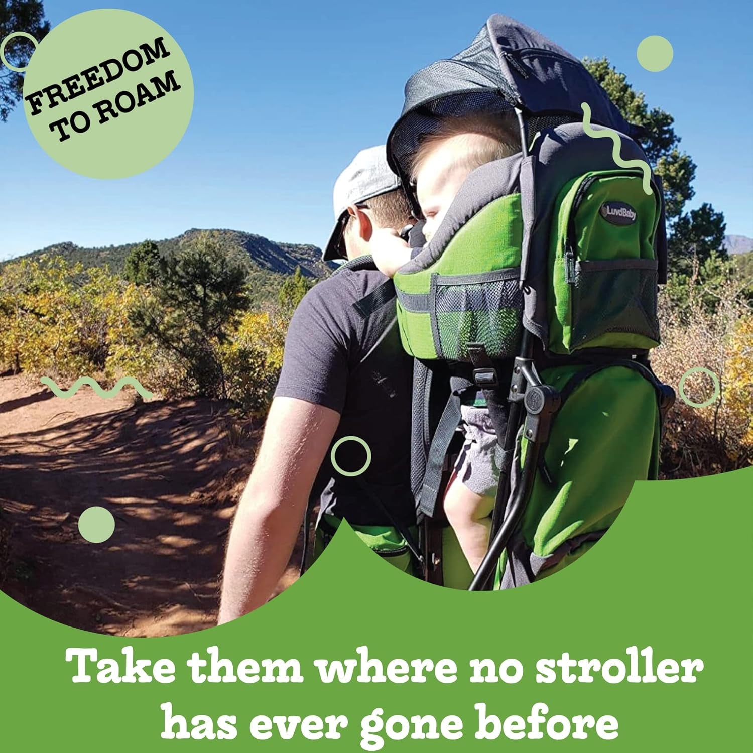 Green Hiking Backpack Carrier System with Diaper Change Pad, Insulated Pocket + Rain and Sun Hood to Protect Your Child